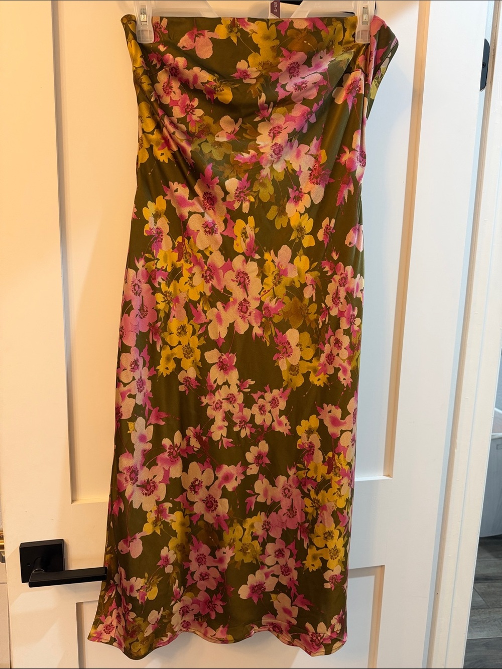 Aakaa Olive Green Floral Midi Dress with Pink & Yellow Flowers